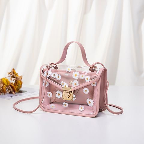Women's Large All Seasons Tpu Pu Leather Daisy Vintage Style Square Lock Clasp Shoulder Bag