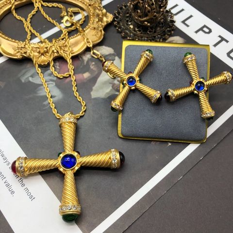 Retro Cross Artificial Gemstones Alloy Wholesale Earrings Necklace