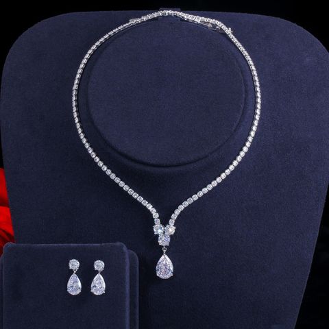 Glam Wedding Water Droplets Copper Plating Inlay Artificial Gemstones White Gold Plated Rhodium Plated Jewelry Set