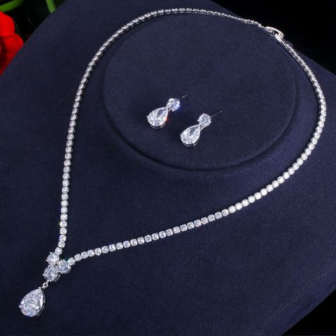 Glam Wedding Water Droplets Copper Plating Inlay Artificial Gemstones White Gold Plated Rhodium Plated Jewelry Set