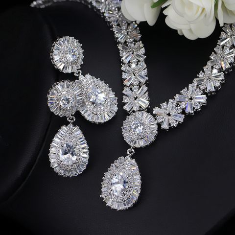 Luxurious Wedding Bridal Water Droplets Copper Plating Inlay Artificial Gemstones White Gold Plated Rhodium Plated Jewelry Set
