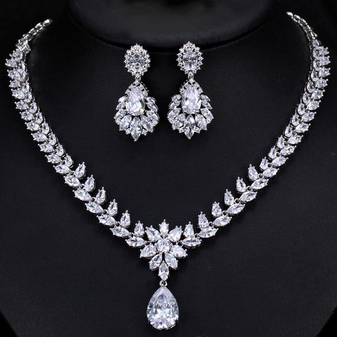 Luxuriös Hochzeit Braut Wassertropfen Blume Kupfer Überzug Inlay Künstliche Edelsteine Weißgold Plattiert Überzogen Mit Rhodium Schmuck-set