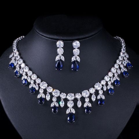 Copper White Gold Plated Rhodium Plated Bridal Shiny Plating Inlay Leaves Water Droplets Artificial Gemstones Jewelry Set