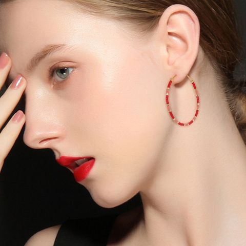 1 Pair Simple Style Solid Color Beaded Handmade Glass Hoop Earrings