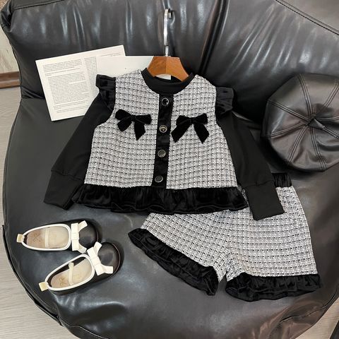 Casual Plaid Bow Knot Cotton Spandex Girls Clothing Sets