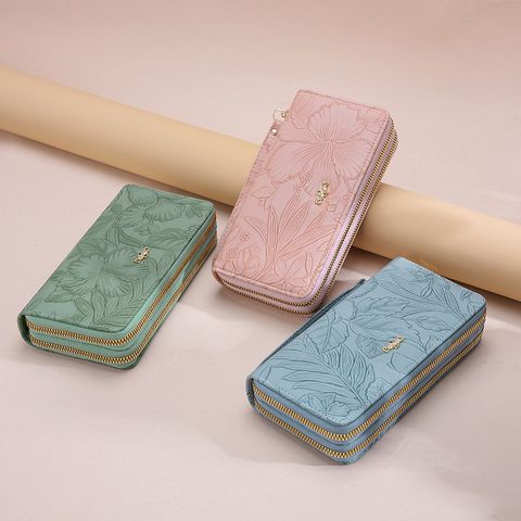 Women's Solid Color Flower Pu Leather Zipper Wallets