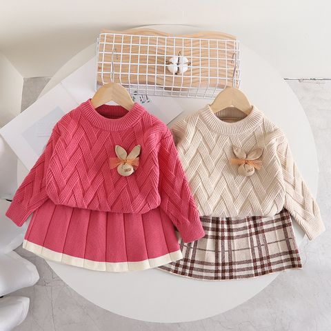 Cute Rabbit Solid Color Argyle Frill Polyacrylonitrile Fiber Girls Clothing Sets