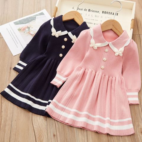 Princess Cute Stripe Solid Color Frill Cotton Girls Dresses