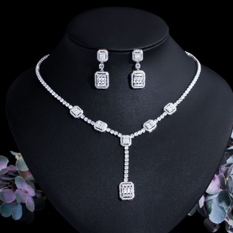 Copper White Gold Plated Luxurious Bridal Shiny Plating Inlay Square Artificial Gemstones Jewelry Set
