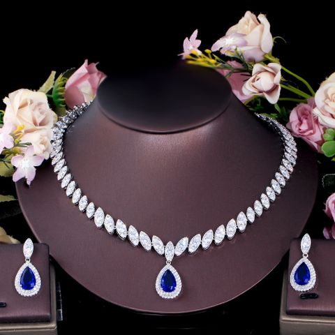 Luxurious Bridal Shiny Water Droplets Copper Plating Inlay Artificial Gemstones White Gold Plated Rhodium Plated Jewelry Set