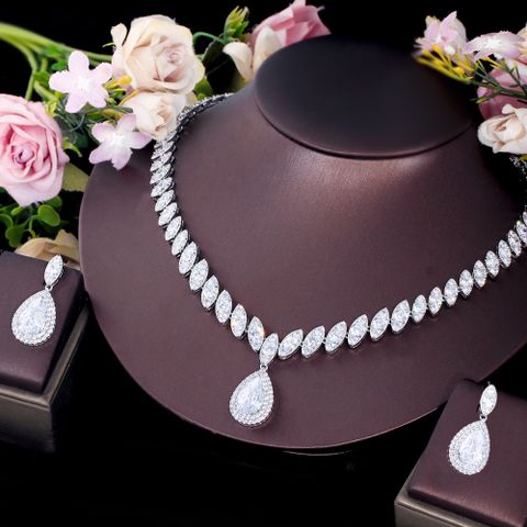 Luxurious Bridal Shiny Water Droplets Copper Plating Inlay Artificial Gemstones White Gold Plated Rhodium Plated Jewelry Set