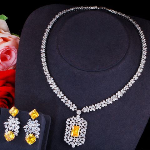 Copper White Gold Plated Rhodium Plated Wedding Bridal Plating Inlay Heart Shape Crown Snowflake Artificial Gemstones Jewelry Set