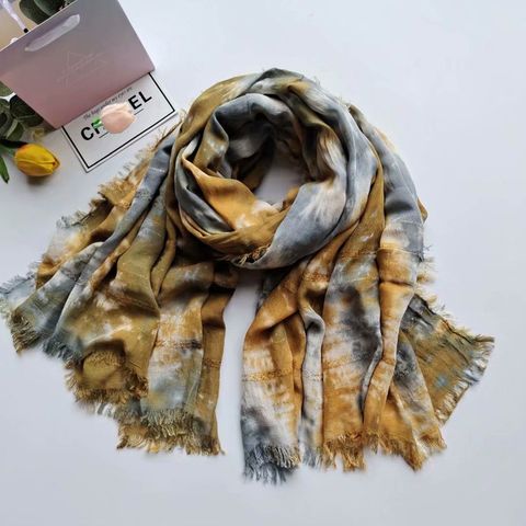 New Ethnic Style Handmade Tie-dyed Scarf Gold And Silver Silk Artificial Cotton Blended Shawl Autumn Thin Scarf