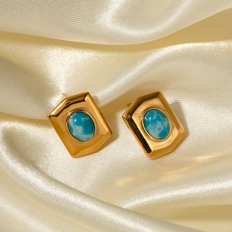 1 Pair Ig Style Simple Style Geometric Plating Inlay Stainless Steel Sea-pattern Stone 18k Gold Plated Ear Studs