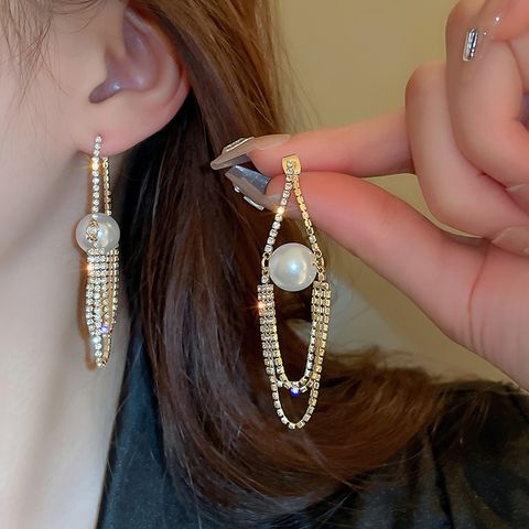 Wholesale Jewelry Ig Style Shiny Tassel Imitation Pearl Alloy Rhinestones Inlay Drop Earrings