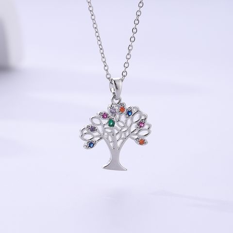 Streetwear Tree Alloy Copper Plating Inlay Zircon Silver Plated Pendant Necklace