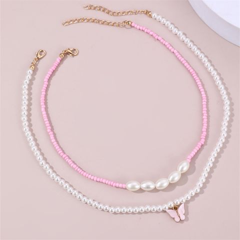 Cute Sweet Butterfly Artificial Pearl Beaded Layered Women's Necklace