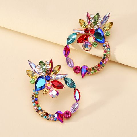 1 Pair Retro Luxurious Ethnic Style Round Flower Layered Hollow Out Inlay Zinc Alloy Glass Ear Studs