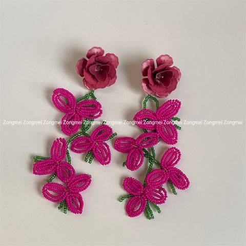 1 Pair Exaggerated Lady Flower Beaded Resin Seed Bead Metal Drop Earrings