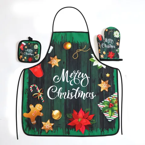 Cross-border Polyester Printing Kitchen Thickened Oil-resistant Apron Oven Heat Insulation Gloves Baking Heat Insulation Anti-scald Anti-fouling Set