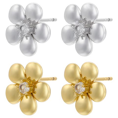 1 Paire Style Vintage Style Simple Fleur Placage Incruster Le Cuivre Zircon Plaqué Or 18k Boucles D'oreilles