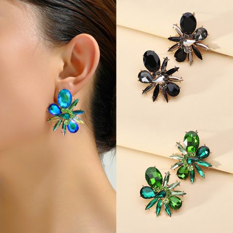 Wholesale Jewelry Elegant Lady Shiny Flower Zinc Alloy Glass Inlay Ear Studs