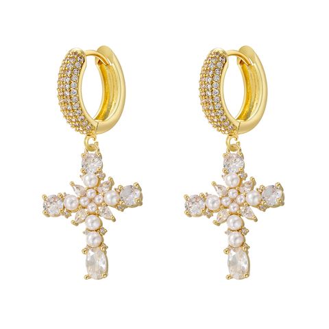 1 Pair Casual Luxurious Cross Plating Inlay Copper Artificial Pearls Zircon 18k Gold Plated Drop Earrings