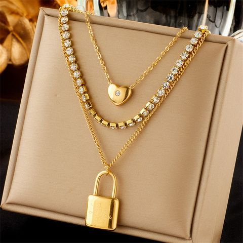 304 Stainless Steel 18K Gold Plated Retro Punk Plating Inlay Heart Shape Lock Rhinestones Three Layer Necklace