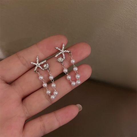 1 Pair Simple Style Starfish Shell Plating Inlay Alloy Zircon Drop Earrings
