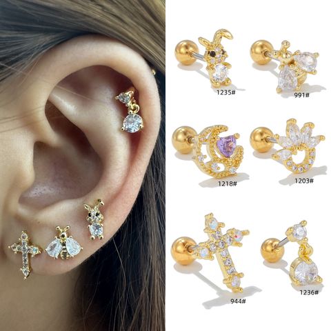 1 Piece Ig Style Simple Style Geometric Animal Plating Inlay Brass Artificial Pearls Zircon 18k Gold Plated White Gold Plated Ear Studs