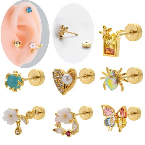 1 Piece Ig Style Cool Style Butterfly Plating Inlay Titanium Alloy Zircon 18k Gold Plated Ear Studs