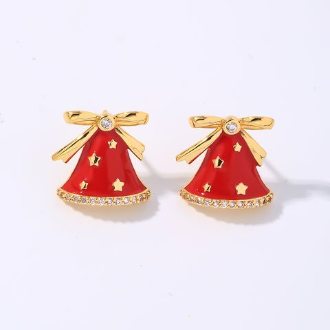 1 Pair Christmas Vintage Style Simple Style Bell Enamel Plating Inlay Copper Zircon Ear Studs