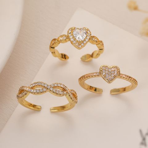 Simple Style Heart Shape Copper 18k Gold Plated Zircon Open Rings In Bulk