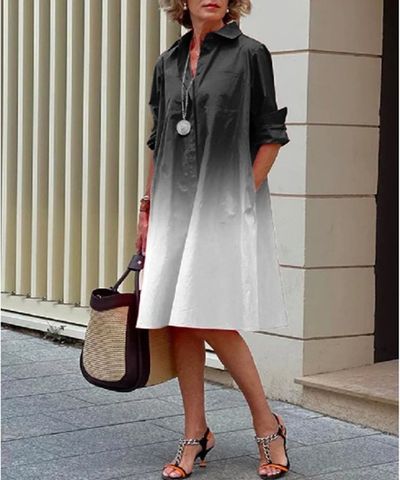 Women's Shirt Dress Streetwear Shirt Collar Printing Contrast Binding Long Sleeve Solid Color Knee-length Holiday Daily