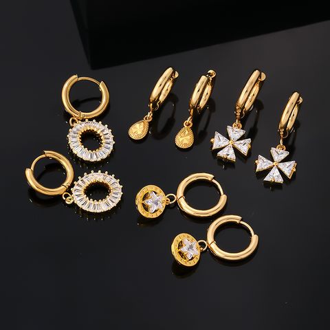 1 Pair Hip-hop Vintage Style Luxurious Pentagram Plating Inlay Stainless Steel Copper Zircon Gold Plated Drop Earrings
