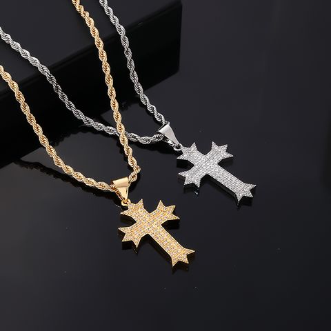 Hip-Hop Vintage Style Simple Style Cross 304 Stainless Steel Copper Plating Inlay Zircon Men'S Pendant Necklace