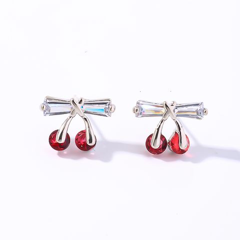 1 Pair IG Style Cute Simple Style Cherry Bow Knot Plating Inlay Copper Zircon Ear Studs