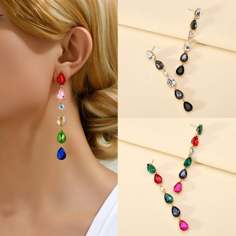 1 Pair Exaggerated Luxurious Shiny Water Droplets Tassel Plating Inlay Zinc Alloy Glass Dangling Earrings