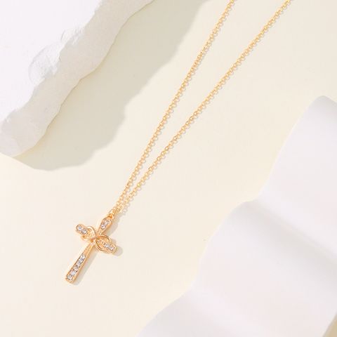 Simple Style Streetwear Cross Alloy Plating Inlay Zircon 14k Gold Plated Women's Pendant Necklace