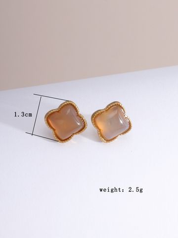 Wholesale Jewelry Ig Style Cute Simple Style Four Leaf Clover Flower Alloy Turquoise Agate 18k Gold Plated Plating Inlay Ear Studs