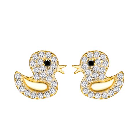 1 Pair Cute Duck Plating Inlay Sterling Silver Zircon Ear Studs