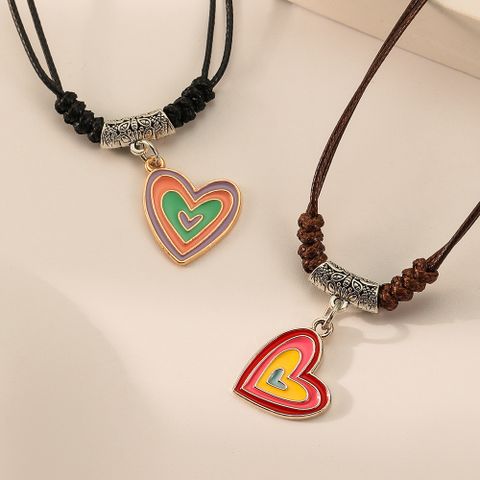 Simple Style Heart Shape Alloy Leather Rope Enamel Unisex Pendant Necklace