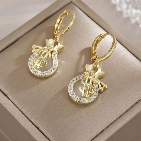 1 Pair Elegant Dollar Plating Inlay Alloy Zircon 18k Gold Plated Drop Earrings