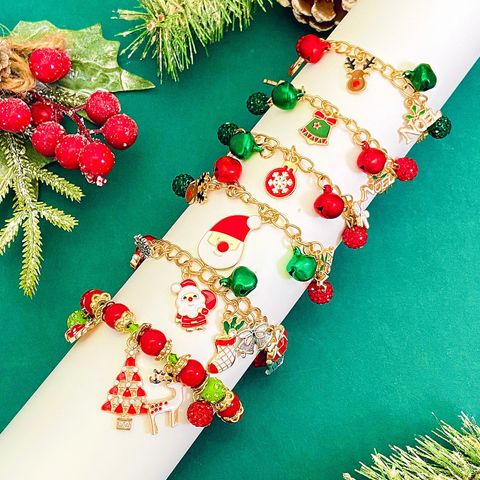 Style De Bande Dessinée Mignon Père Noël Flocon De Neige Wapiti Plaqué Or 14k Zircon Alliage De Gros Bracelets