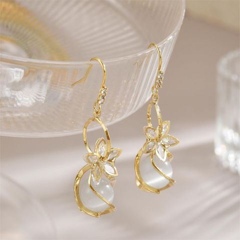 1 Pair Elegant Lady Flower Plating Inlay Copper Alloy Opal Zircon 18k Gold Plated Drop Earrings