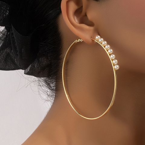 1 Pair Classic Style Streetwear Circle Round Plating Inlay Alloy Ferroalloy Artificial Pearls 14k Gold Plated Hoop Earrings
