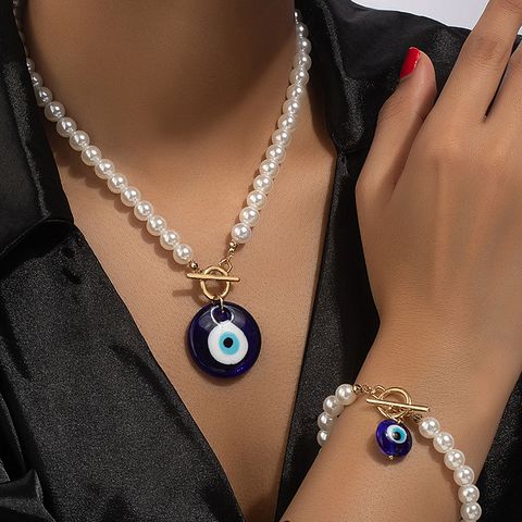 Lady Classic Style Devil's Eye Plastic Glass Ferroalloy Plating 14k Gold Plated Women's Bracelets Necklace