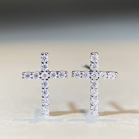 1 Pair Basic Cross Inlay Sterling Silver Moissanite Ear Studs