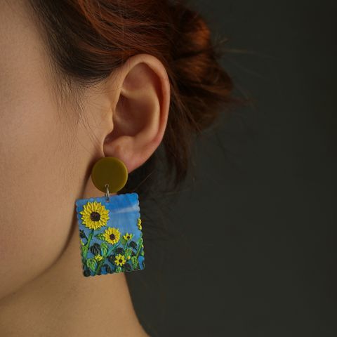 1 Pair Sweet Pastoral Sunflower Printing Arylic Drop Earrings