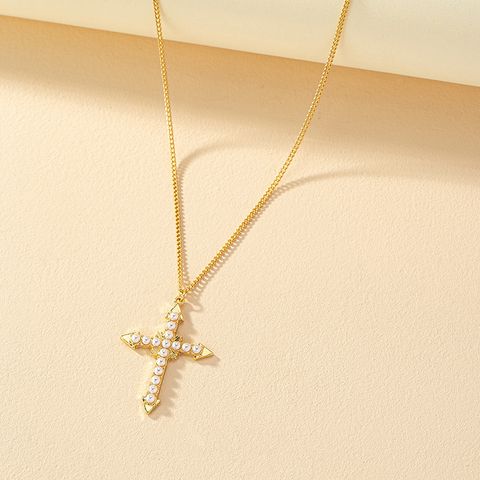 Simple Style Cross Alloy Plating Inlay Artificial Pearls Gold Plated Women's Pendant Necklace
